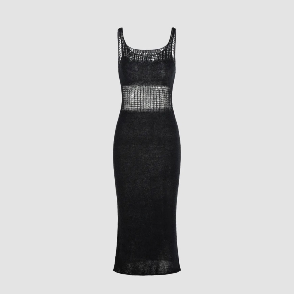 NWOT Cider Black Knit Scoop Neckline Hollow Midi Sweater Dress size XS